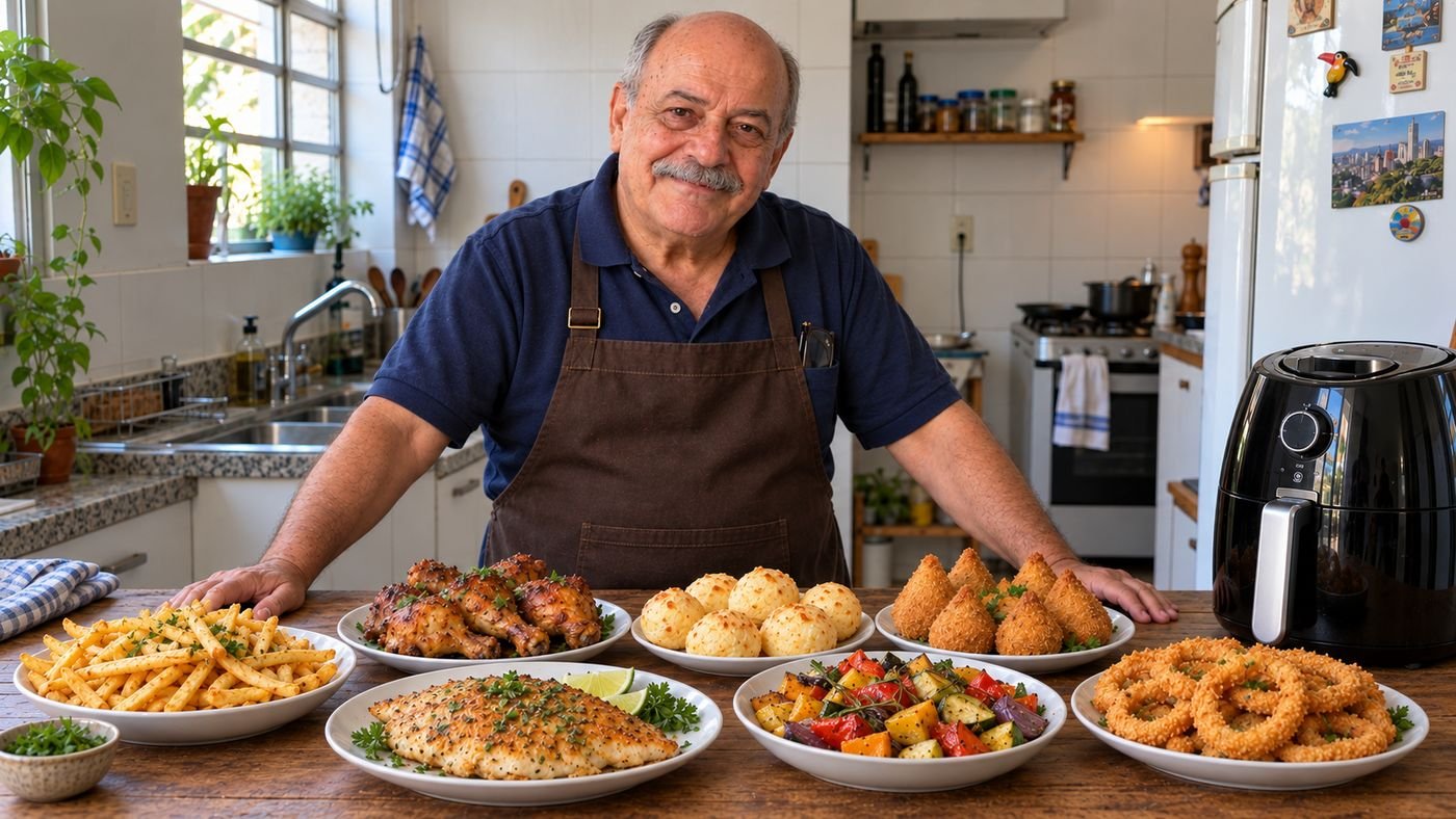 Seu Osvaldo na cozinha dele, com batata frita, sobrecoxa, pão de queijo, coxinha, peixe e legumes feitos na air fryer