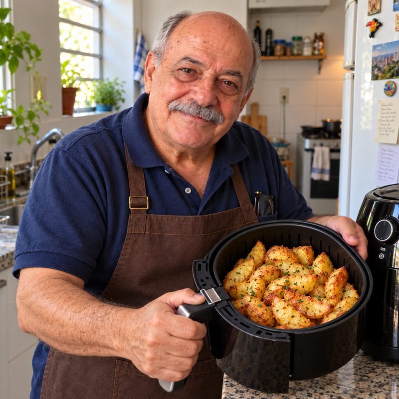 Seu Osvaldo na cozinha dele, segurando o cesto da air fryer cheio de batata dourada